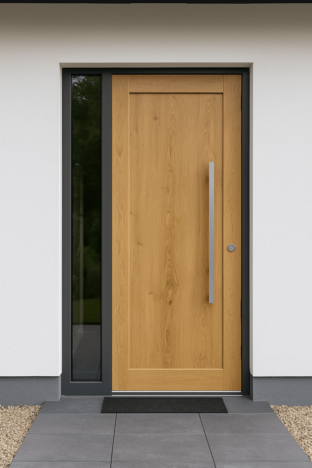 Moderne Haustür aus Holz mit langem Stoßgriff – Stilvolle Eingangslösung für Ihr Einfamilienhaus - Perfektbaushop