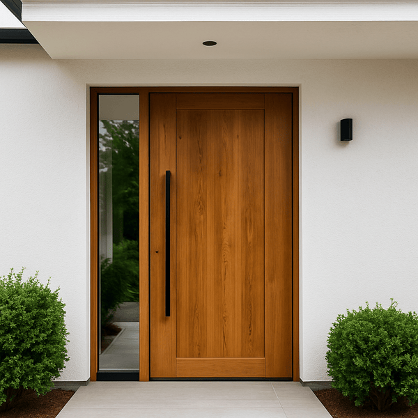 Moderne Haustür aus Holz mit langem Stoßgriff – Stilvolle Eingangslösung für Ihr Einfamilienhaus - Perfektbaushop